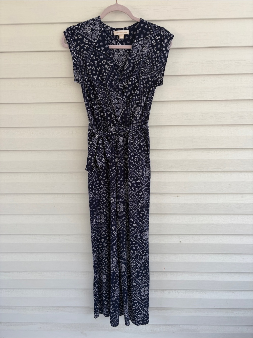 Monteau Los Angeles Navy White Printed Jumpsuit Wide Leg Pockets Bandana
